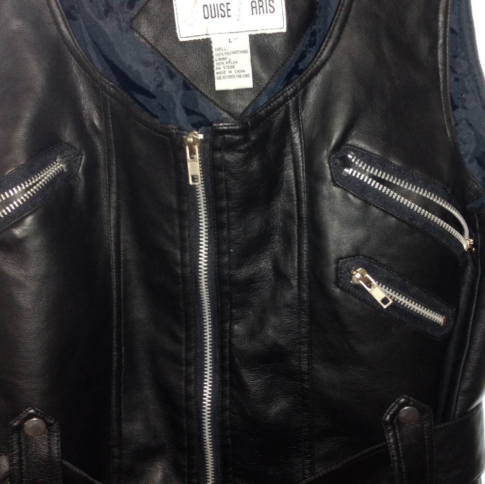 Vegan mock leather women's black biker style vest waistcoat w belt large - Picture 3 of 8